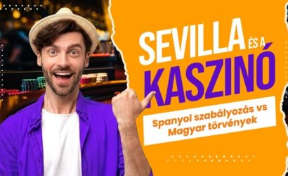 Egy mosolygó, kalapot viselő férfi kaszinó környezetben a háttérben zsetonokkal, miközben a képen nagy, élénk színű felirat olvasható: „Sevilla és a kaszinó”, alatta kisebb szöveg: „Spanyol szabályozás vs magyar törvények”.